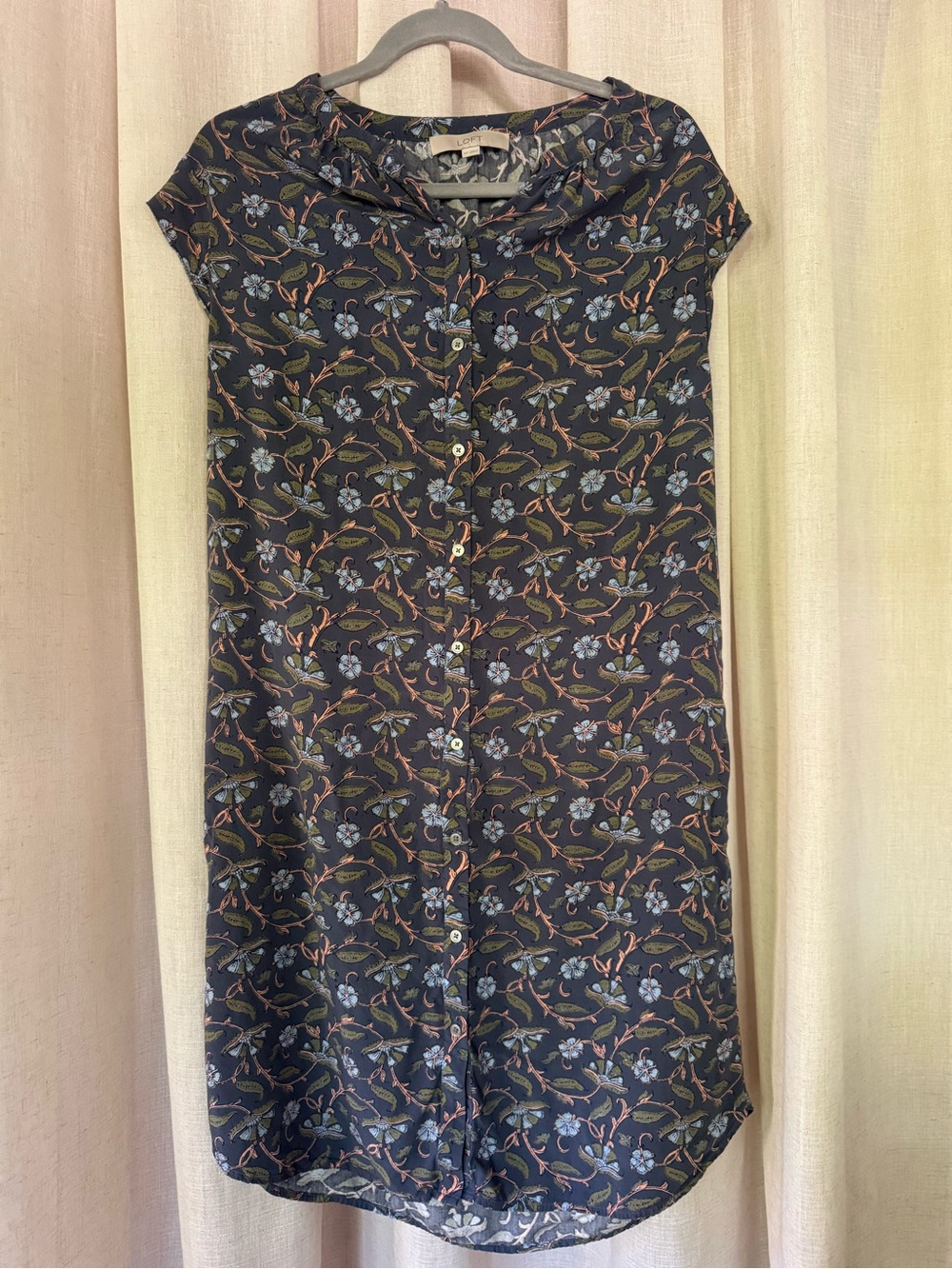 LOFT Navy Floral Button-Front Midi Dress Size Medium Tall